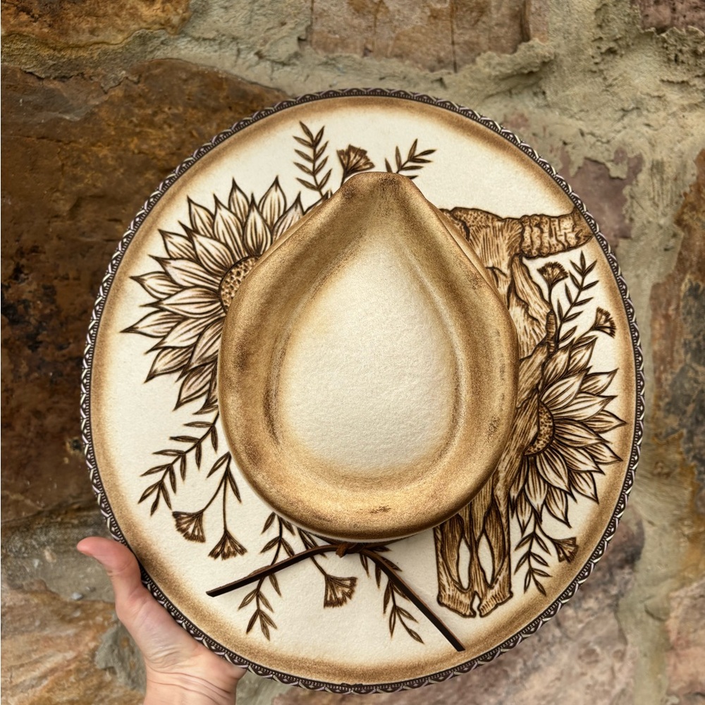 SOLD READ DESCRIPTION BELOW 
New Olive & Pique OS Hand Burned Hat
